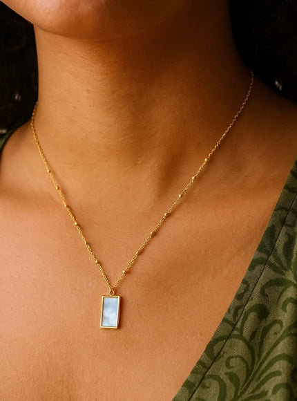MOP Geometric Gem Rectangle Necklace in 14K Yellow Gold