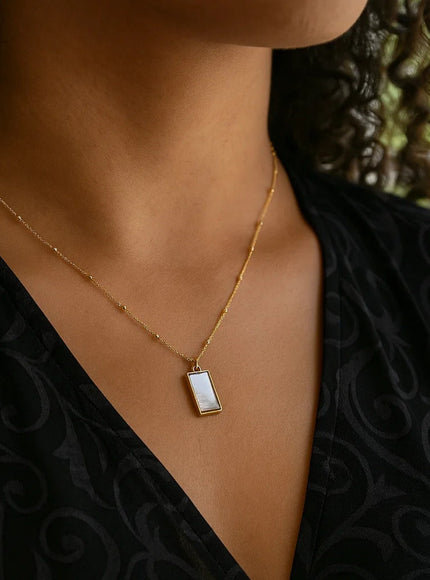 MOP Geometric Gem Rectangle Necklace in 14K Yellow Gold