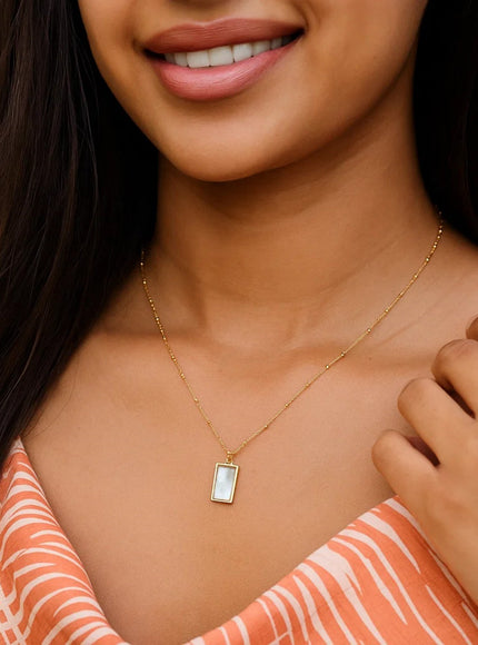 MOP Geometric Gem Rectangle Necklace in 14K Yellow Gold