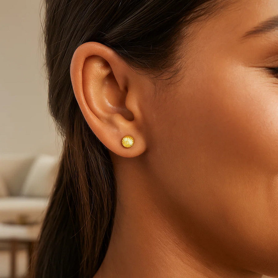 14K Yellow Gold Ball Earrings with Linear Texture