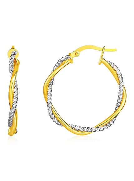 14k Yellow and White Gold Two Part Textured Twisted Round Hoop Earrings