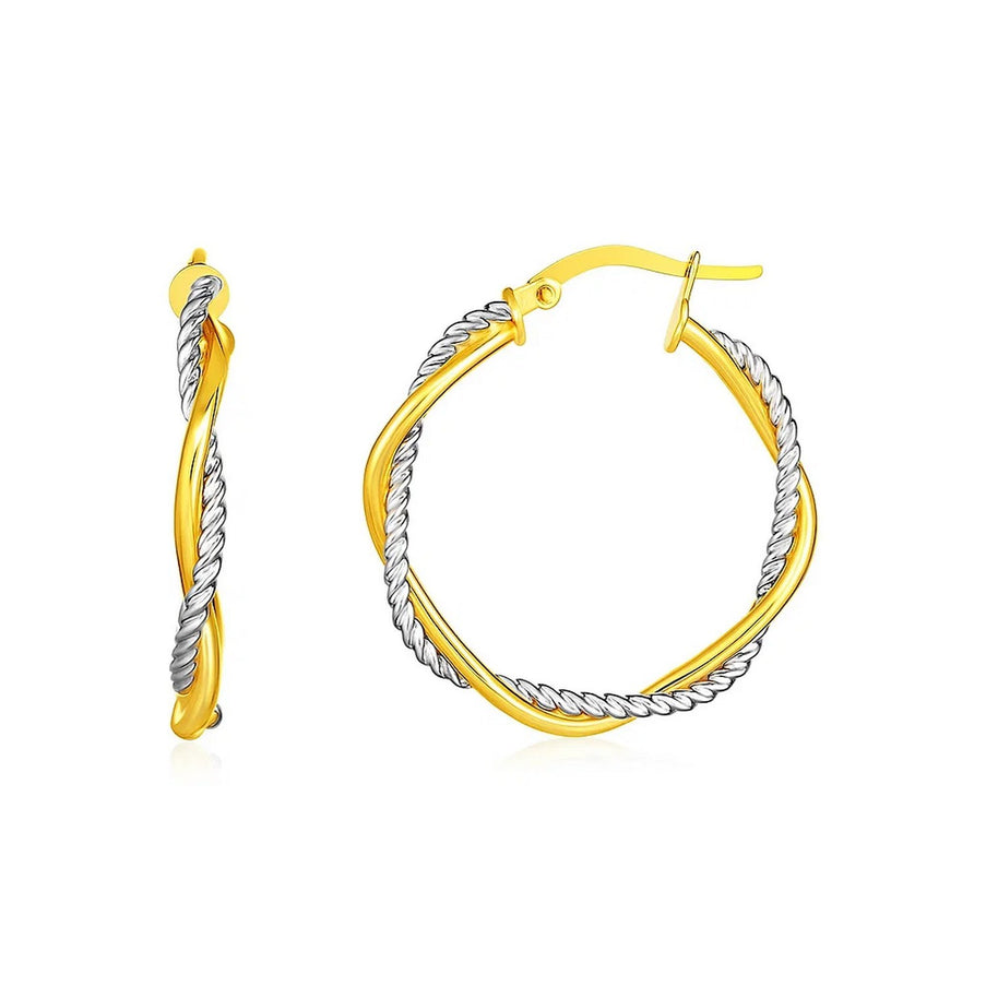 14k Yellow and White Gold Two Part Textured Twisted Round Hoop Earrings
