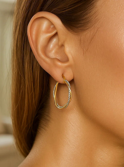 14k Yellow and White Gold Two Part Textured Twisted Round Hoop Earrings