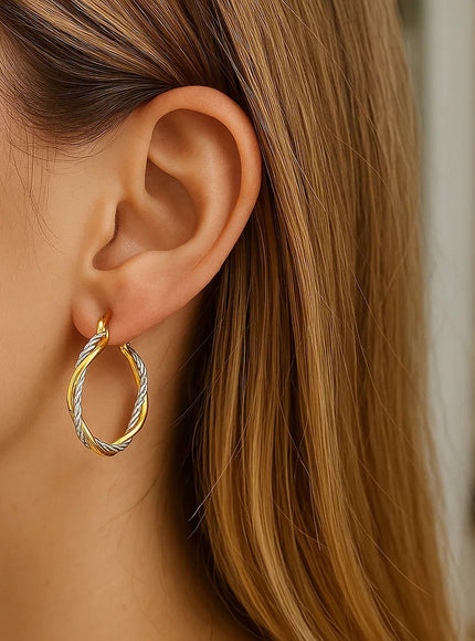 14k Yellow and White Gold Two Part Textured Twisted Round Hoop Earrings