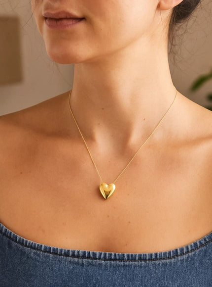 Large Puffed Heart Necklace in 14K Yellow Gold