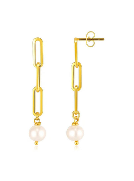 14k Yellow Gold Paperclip Chain Link Earrings with Pearls