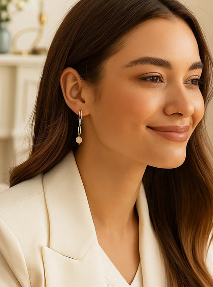 14k Yellow Gold Paperclip Chain Link Earrings with Pearls