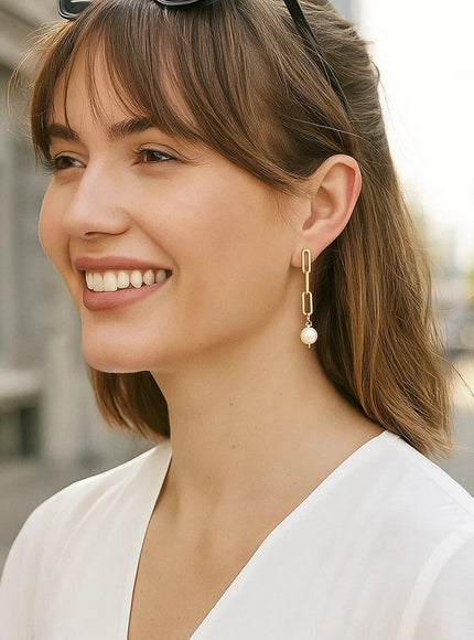 14k Yellow Gold Paperclip Chain Link Earrings with Pearls