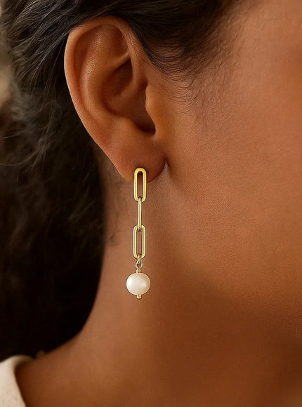 14k Yellow Gold Paperclip Chain Link Earrings with Pearls