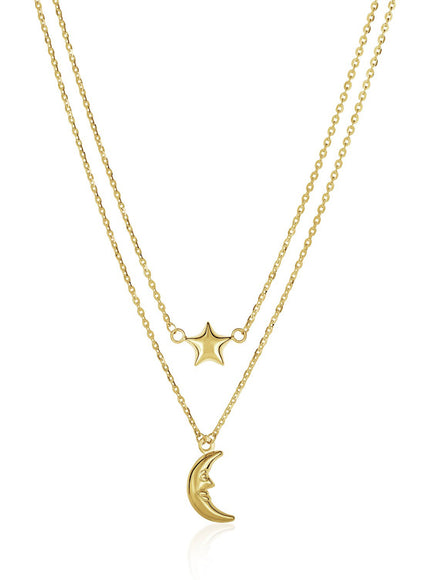 14k Yellow Gold Double-Strand Chain Necklace with Puff Moon and Star