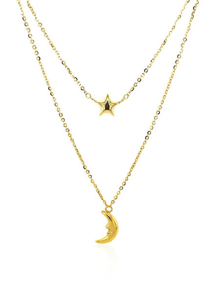 14k Yellow Gold Double-Strand Chain Necklace with Puff Moon and Star