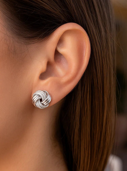 14k White Gold Love Knot with Ridge Texture Earrings