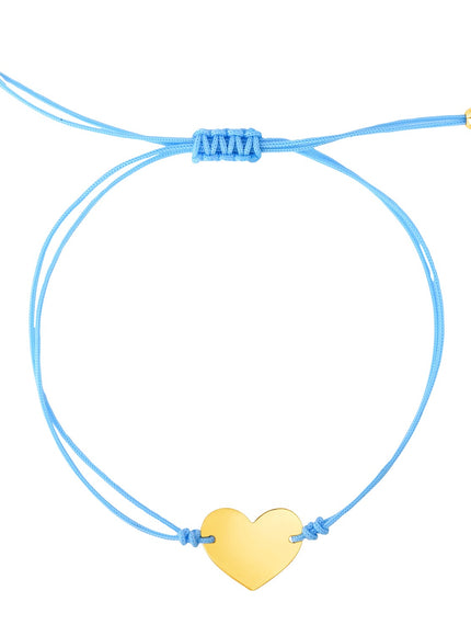 9 1/4 inch Blue Cord Adjustable Bracelet with 14k yellow Gold Heart
