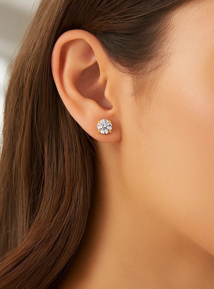 14k Yellow Gold Stud Earrings with White Hue Faceted Cubic Zirconia