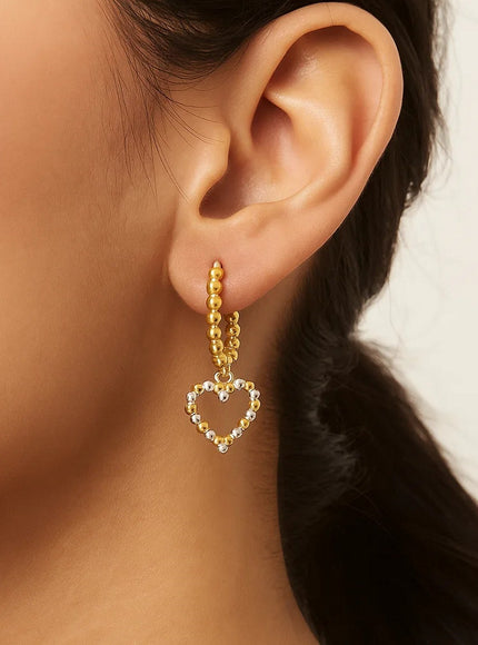 14k Two Tone Gold Beaded Hoop Earrings with Hearts