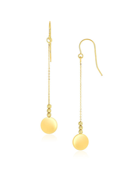 14k Yellow Gold Bead and Shiny Disc Drop Earrings