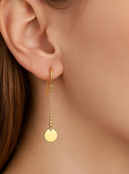 14k Yellow Gold Bead and Shiny Disc Drop Earrings