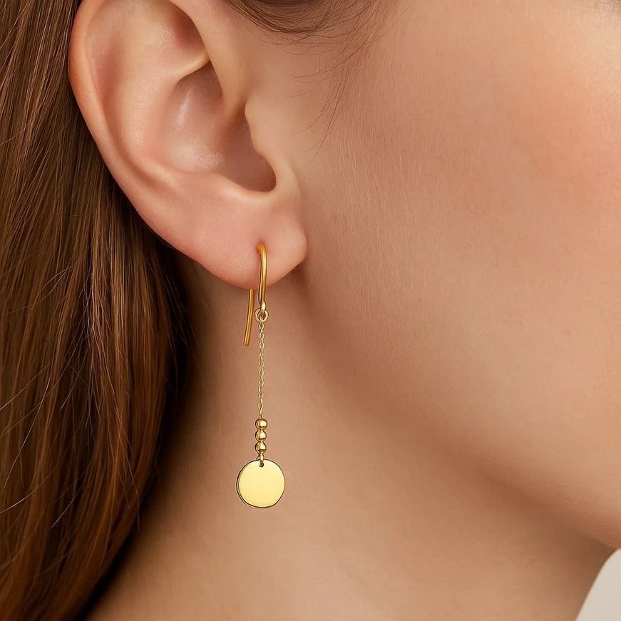 14k Yellow Gold Bead and Shiny Disc Drop Earrings