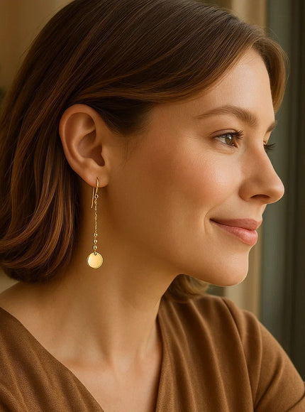 14k Yellow Gold Bead and Shiny Disc Drop Earrings