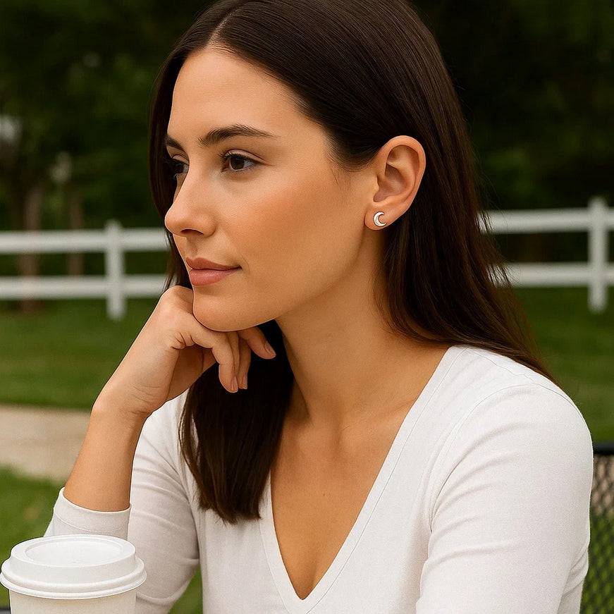 14k White Gold Post Earrings with Moons