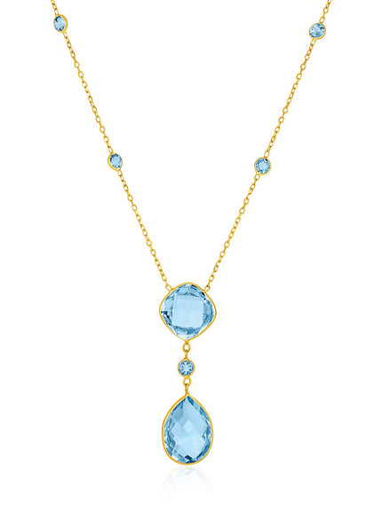 14k Yellow Gold Necklace with Pear-Shaped and Cushion Blue Topaz Briolettes