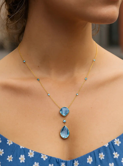 14k Yellow Gold Necklace with Pear-Shaped and Cushion Blue Topaz Briolettes