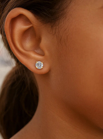 14k Yellow Gold Stud Earrings with White Hue Faceted Cubic Zirconia