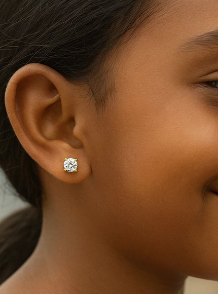 14k Yellow Gold Stud Earrings with White Hue Faceted Cubic Zirconia