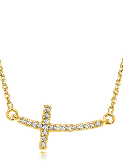 14k Yellow Gold Diamond Accented Curved Cross Necklace (.11cttw)