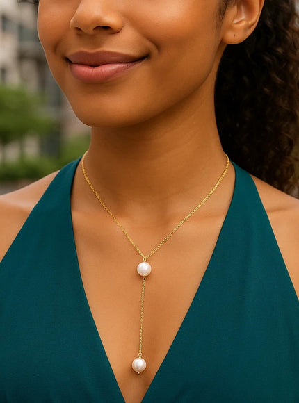 14k Yellow Gold Lariat Necklace with Pearls