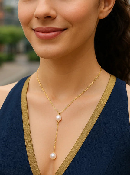 14k Yellow Gold Lariat Necklace with Pearls