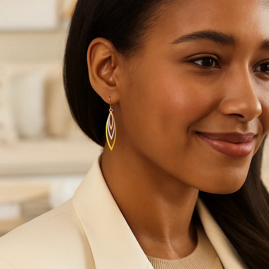 Tri-Tone Graduated Open Marquise Earrings in 10k Yellow, White, and Rose Gold