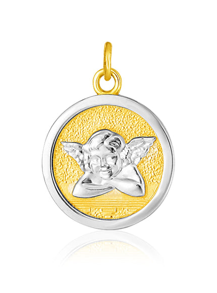 14k Two Tone Gold Round Angel Medal Pendant