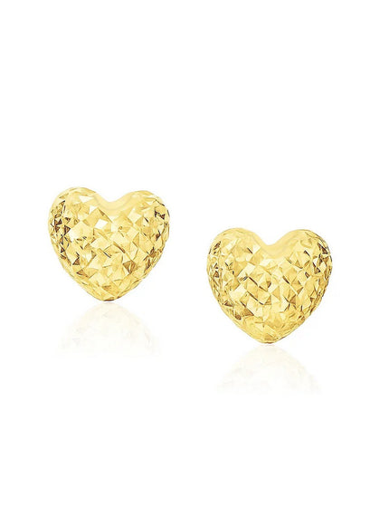 14k Yellow Gold Puffed Heart Earrings with Diamond Cuts