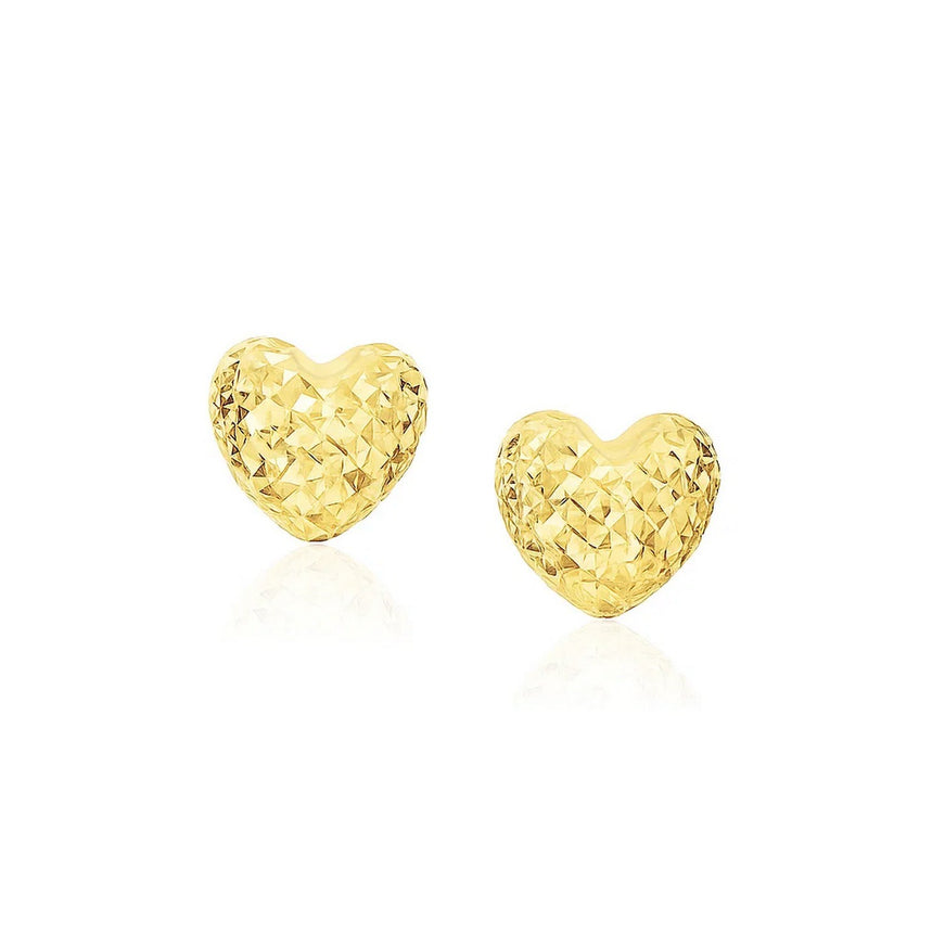 14k Yellow Gold Puffed Heart Earrings with Diamond Cuts