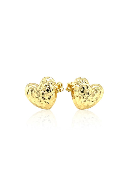 14k Yellow Gold Puffed Heart Earrings with Diamond Cuts
