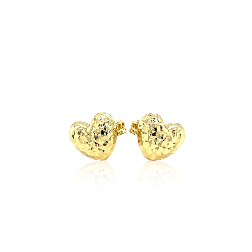 14k Yellow Gold Puffed Heart Earrings with Diamond Cuts