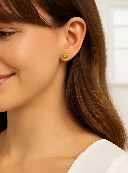 14k Yellow Gold Ball Earrings with Crystal Cut Texture