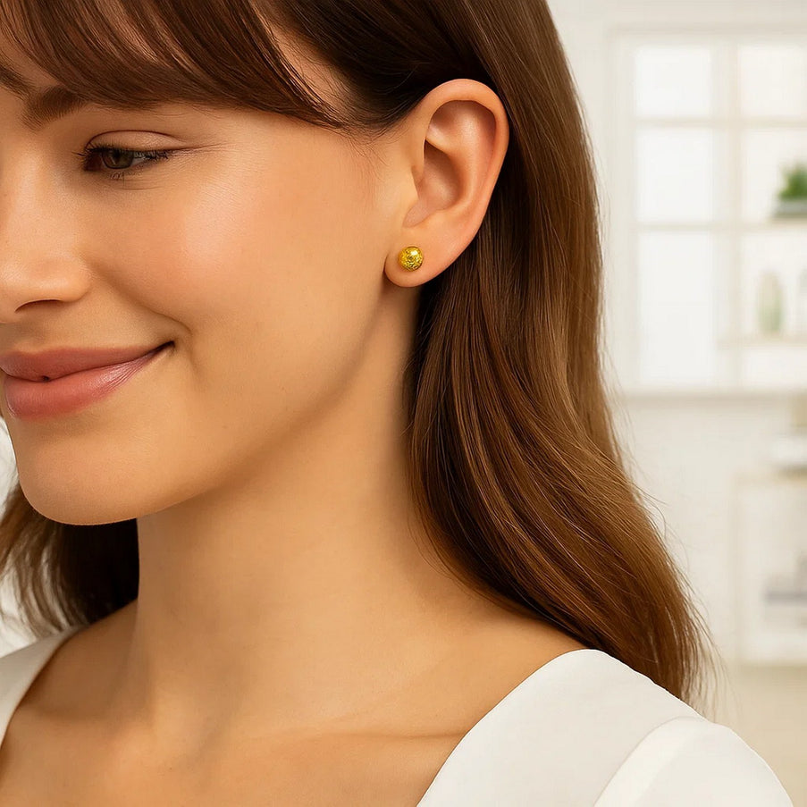 14k Yellow Gold Ball Earrings with Crystal Cut Texture