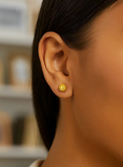 14k Yellow Gold Ball Earrings with Crystal Cut Texture