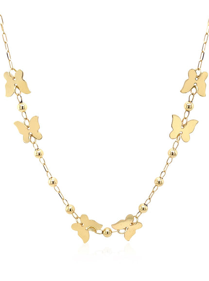 14k Yellow Gold 18 inch Necklace with Polished Butterflies and Beads