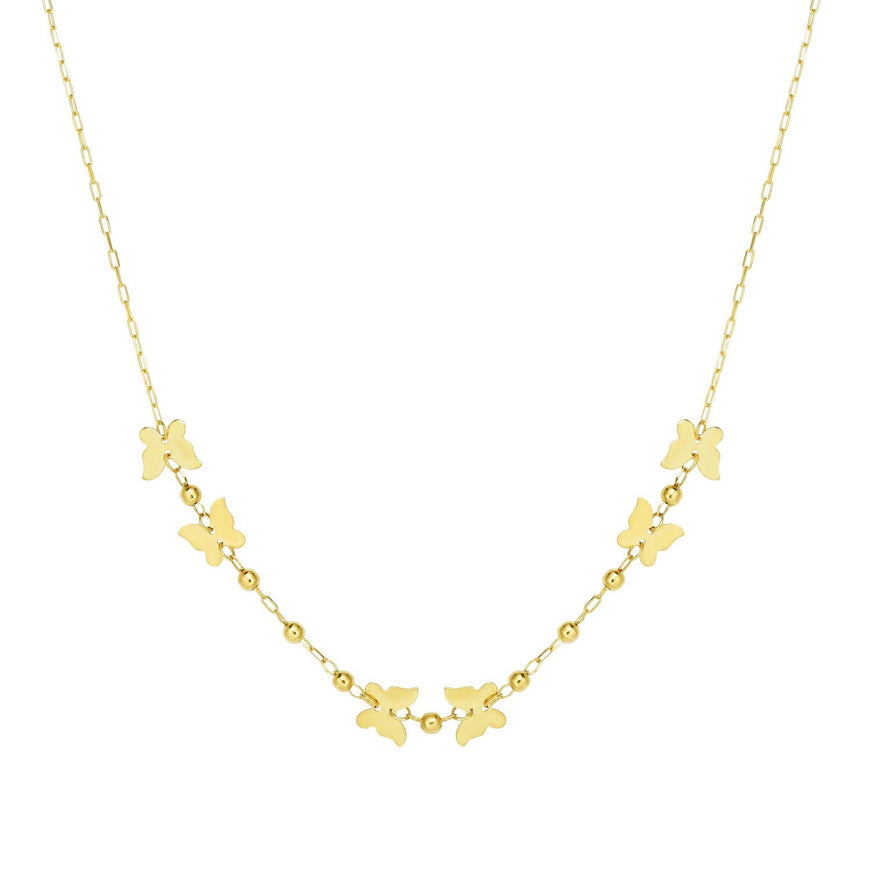 14k Yellow Gold 18 inch Necklace with Polished Butterflies and Beads