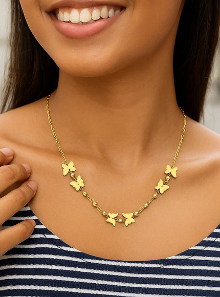 14k Yellow Gold 18 inch Necklace with Polished Butterflies and Beads