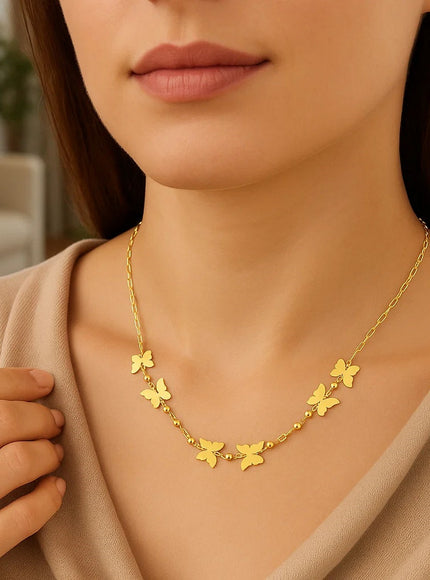 14k Yellow Gold 18 inch Necklace with Polished Butterflies and Beads