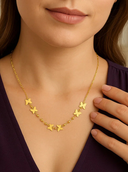14k Yellow Gold 18 inch Necklace with Polished Butterflies and Beads