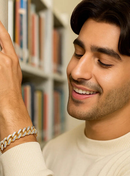 14k Two Tone Gold 8 1/2 inch Curb Chain Bracelet with White Pave