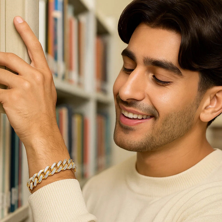 14k Two Tone Gold 8 1/2 inch Curb Chain Bracelet with White Pave