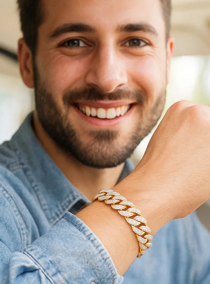 14k Two Tone Gold 8 1/2 inch Curb Chain Bracelet with White Pave