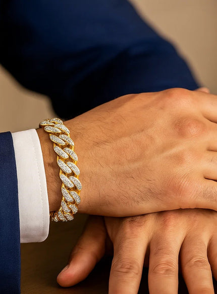 14k Two Tone Gold 8 1/2 inch Curb Chain Bracelet with White Pave