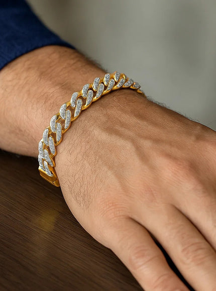 14k Two Tone Gold 8 1/2 inch Curb Chain Bracelet with White Pave